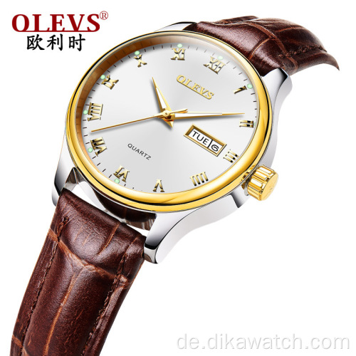 OLEVS Markenuhr für Mann Leder Sport Casual Quarzuhr Kalender Minimalistische Luxus Paar Uhren Für Ehemann Frau Liebhaber